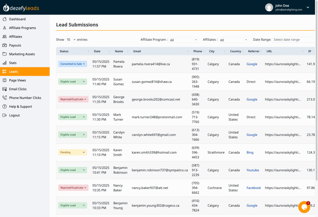 Affiliate marketing lead tracking dashboard displaying lead submissions with status, name, and source data.