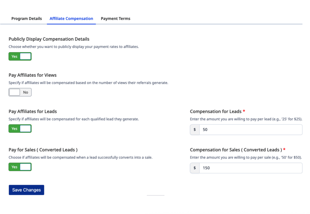 Affiliate compensation settings page for managing lead and sales payouts.