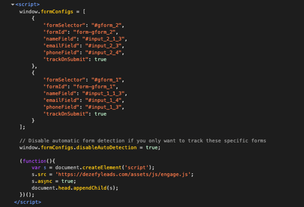 JavaScript configuration for lead tracking on affiliate management forms.