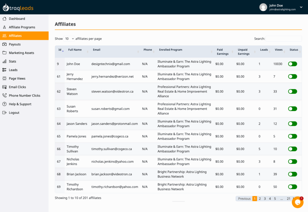 Affiliate management dashboard showing enrolled affiliates and earnings data.