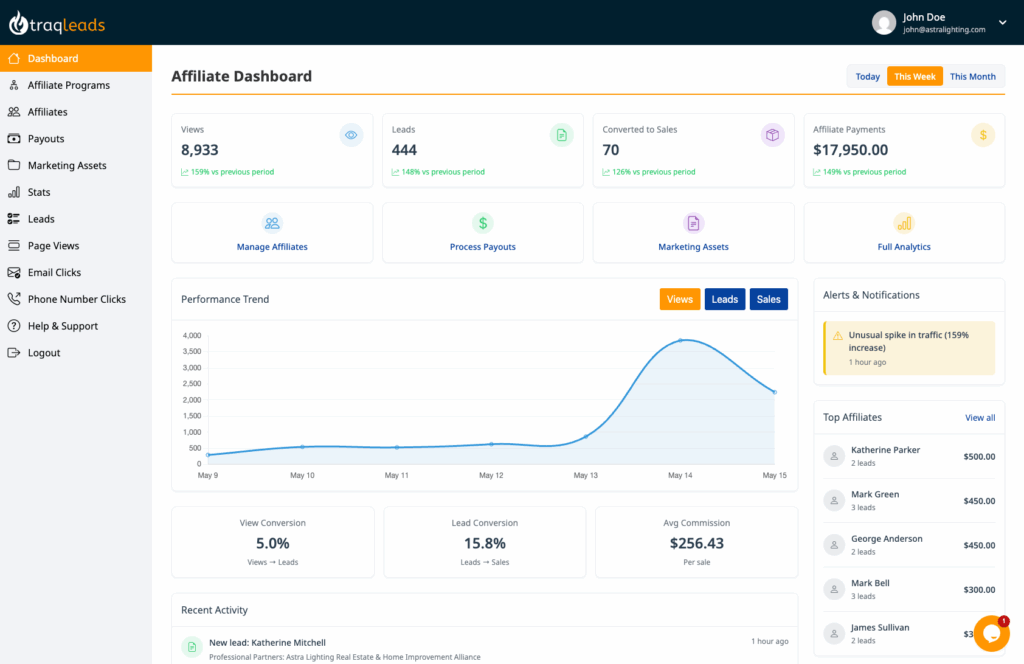 Affiliate dashboard with performance metrics and lead tracking data.