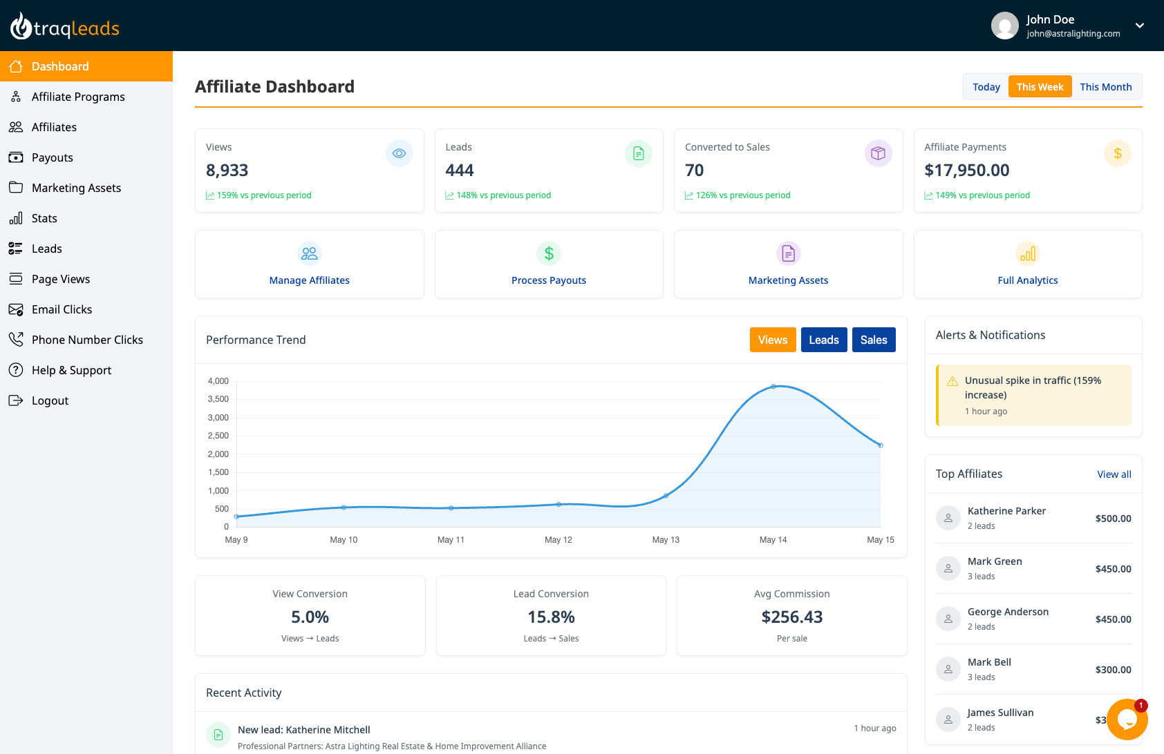 Affiliate dashboard with performance metrics and lead tracking data.