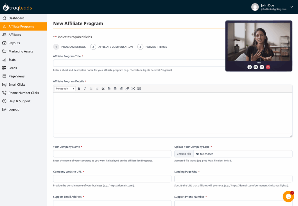 Affiliate program setup on traqleads affiliate management dashboard.