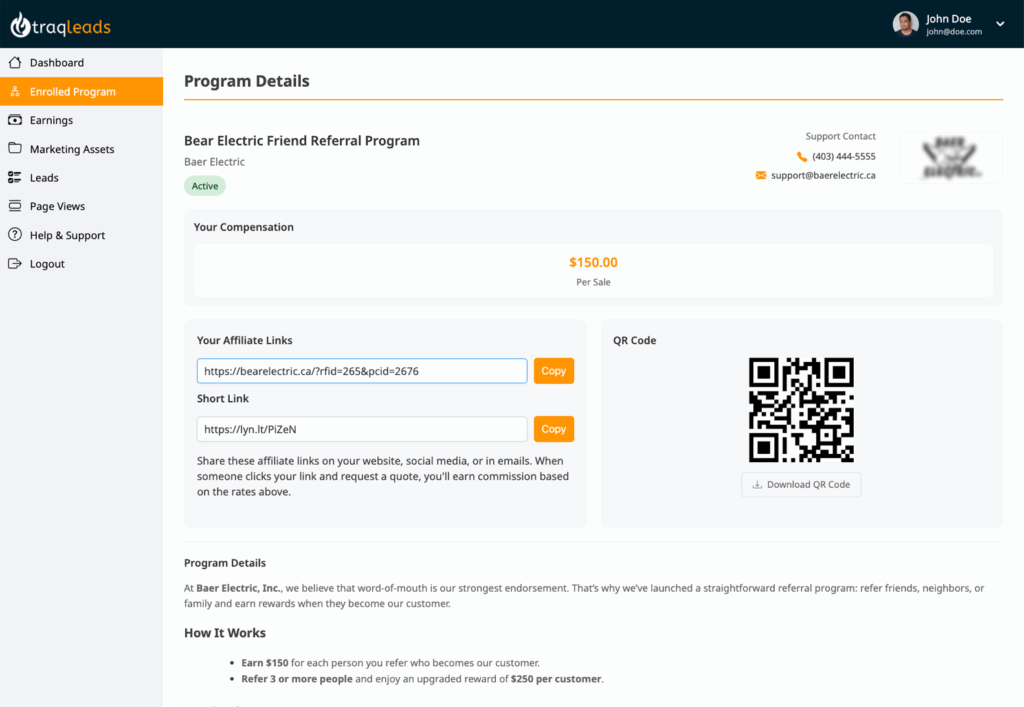 Affiliate dashboard showing program details and referral links